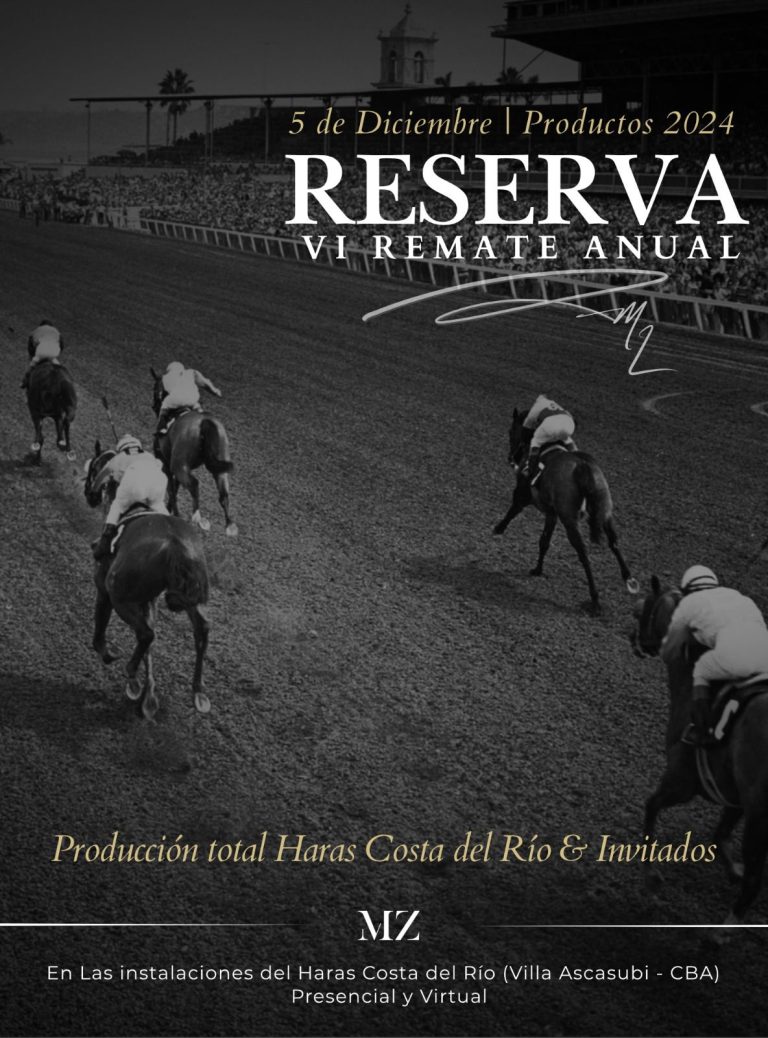 Flyer del VI Remate Anual “RESERVA” del Haras Costas del Río, con fecha 5 de diciembre, modalidad presencial y virtual, sobre fondo en blanco y negro con carrera de caballos.